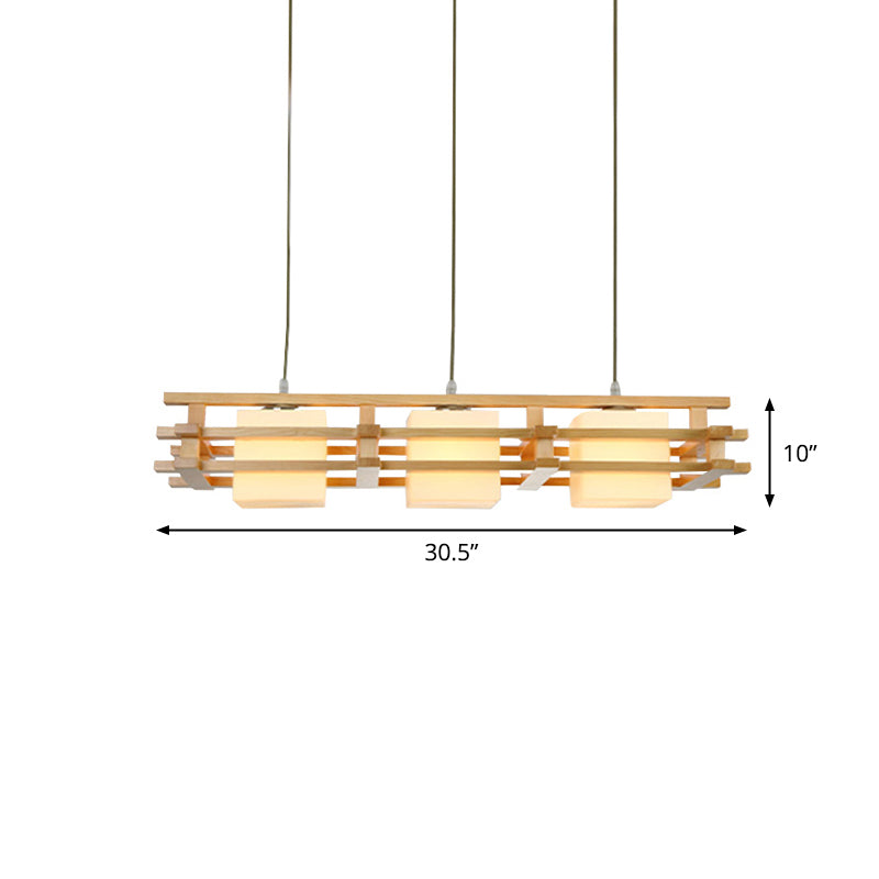 Cube Restaurant Island Light Fixture Blown Glass 3 Bulbs Japanese Ceiling Pendant Light in Wood Clearhalo 'Ceiling Lights' 'Island Lights' Lighting' 2228598