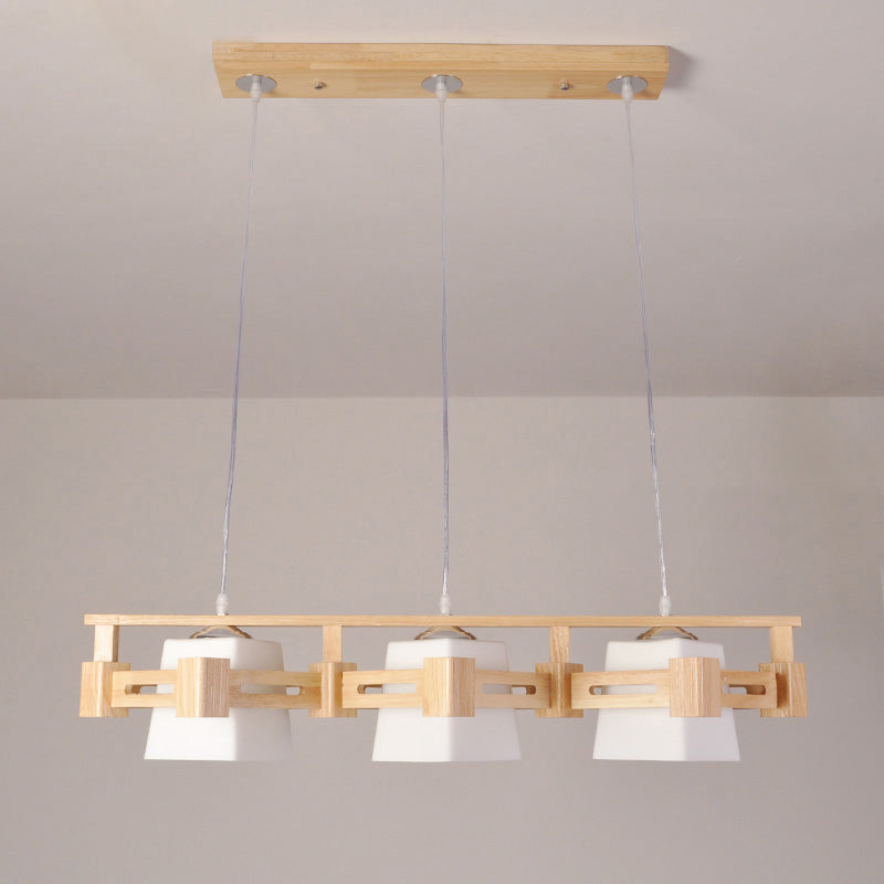 Japanese Trapezoid Hanging Light Cream Glass 3 Bulbs Dining Room Island Ceiling Light in Wood Clearhalo 'Ceiling Lights' 'Island Lights' Lighting' 2228599