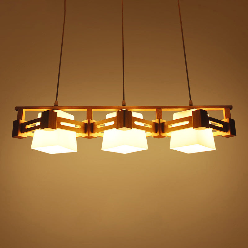 Japanese Trapezoid Hanging Light Cream Glass 3 Bulbs Dining Room Island Ceiling Light in Wood Wood Clearhalo 'Ceiling Lights' 'Island Lights' Lighting' 2228600