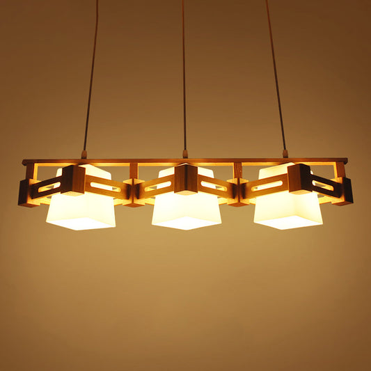 Japanese Trapezoid Hanging Light Cream Glass 3 Bulbs Dining Room Island Ceiling Light in Wood Wood Clearhalo 'Ceiling Lights' 'Island Lights' Lighting' 2228600