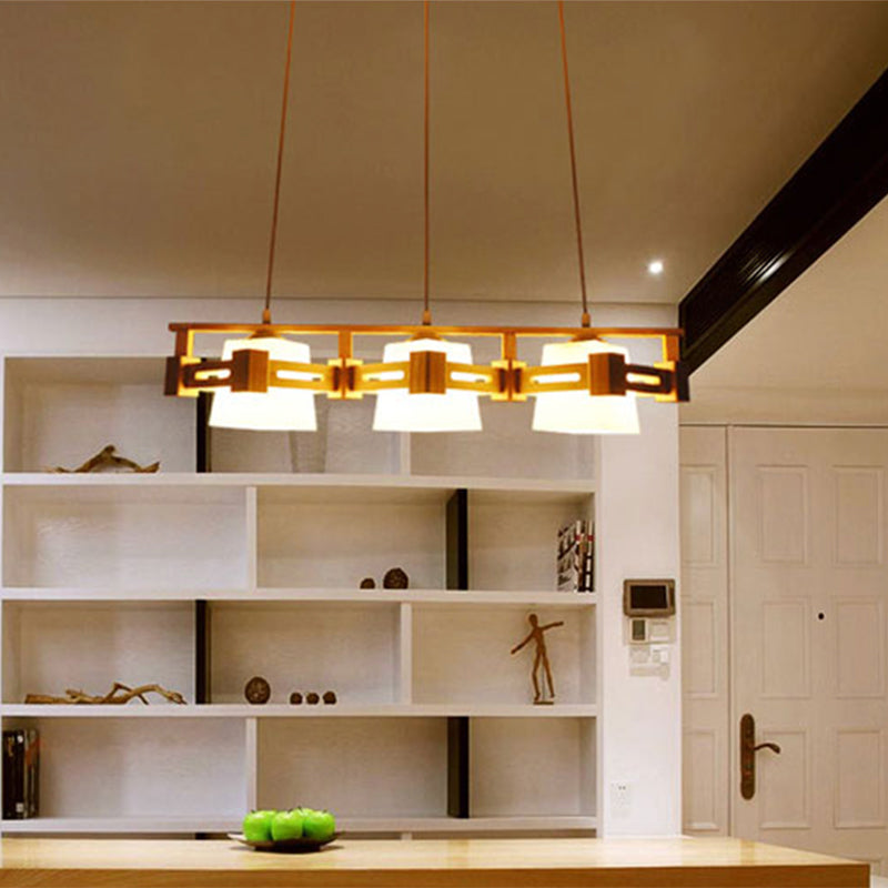 Japanese Trapezoid Hanging Light Cream Glass 3 Bulbs Dining Room Island Ceiling Light in Wood Clearhalo 'Ceiling Lights' 'Island Lights' Lighting' 2228601