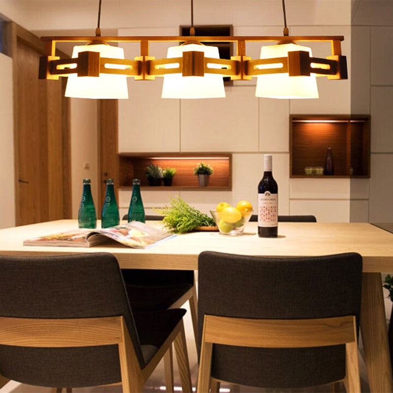 Japanese Trapezoid Hanging Light Cream Glass 3 Bulbs Dining Room Island Ceiling Light in Wood Clearhalo 'Ceiling Lights' 'Island Lights' Lighting' 2228602