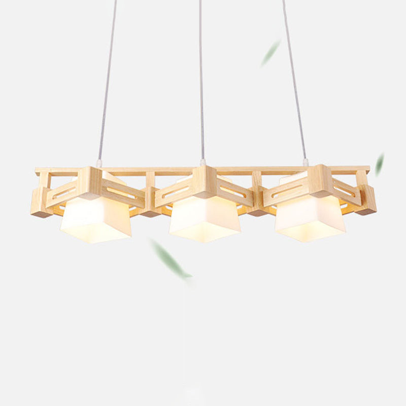 Japanese Trapezoid Hanging Light Cream Glass 3 Bulbs Dining Room Island Ceiling Light in Wood Clearhalo 'Ceiling Lights' 'Island Lights' Lighting' 2228603