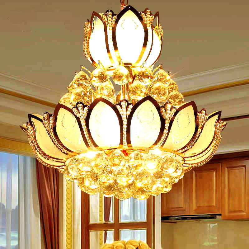 Retro Lotus Chandelier Pendant Light Crystal 10 Heads Hanging Ceiling Light in Gold Clearhalo 'Ceiling Lights' 'Chandeliers' 'Glass shade' 'Glass' 'Modern Chandeliers' 'Modern' Lighting' 222862