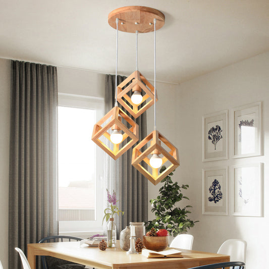 Geometric Dining Room Multi Ceiling Light Wood 3 Bulbs Minimalist Hanging Pendant Light Wood Square Plate Round Clearhalo 'Ceiling Lights' 'Modern Pendants' 'Modern' 'Pendant Lights' 'Pendants' Lighting' 2228637