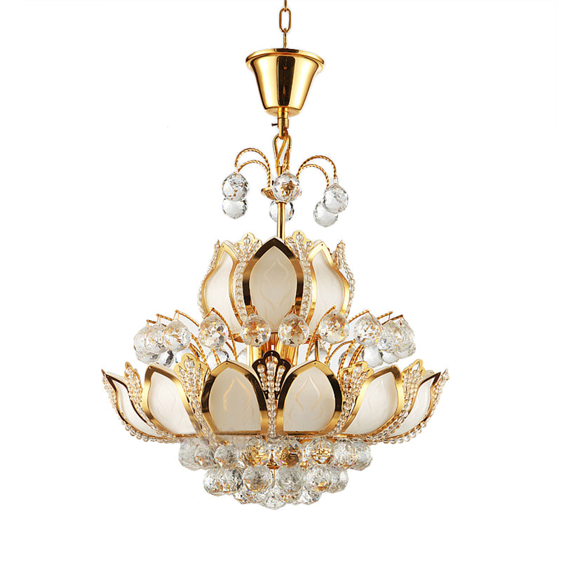 Retro Lotus Chandelier Pendant Light Crystal 10 Heads Hanging Ceiling Light in Gold Clearhalo 'Ceiling Lights' 'Chandeliers' 'Glass shade' 'Glass' 'Modern Chandeliers' 'Modern' Lighting' 222864
