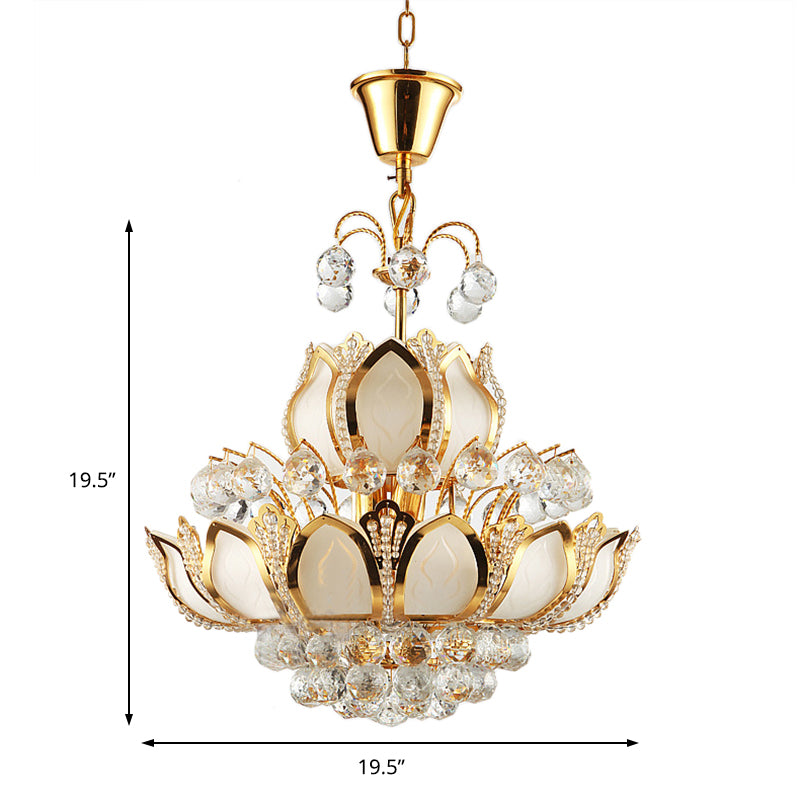 Retro Lotus Chandelier Pendant Light Crystal 10 Heads Hanging Ceiling Light in Gold Clearhalo 'Ceiling Lights' 'Chandeliers' 'Glass shade' 'Glass' 'Modern Chandeliers' 'Modern' Lighting' 222865