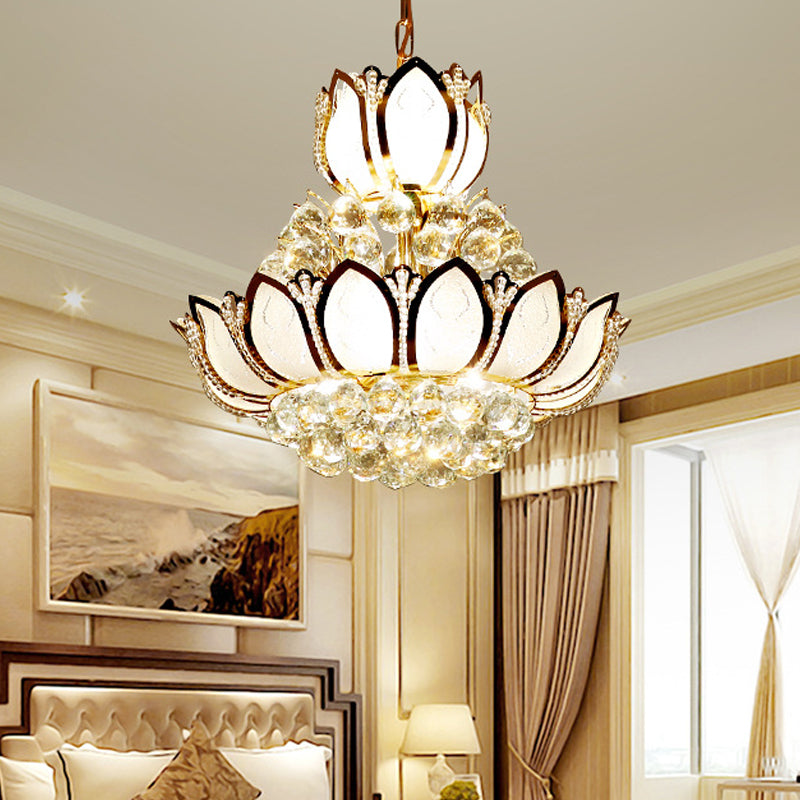 Retro Lotus Chandelier Pendant Light Crystal 10 Heads Hanging Ceiling Light in Gold Clearhalo 'Ceiling Lights' 'Chandeliers' 'Glass shade' 'Glass' 'Modern Chandeliers' 'Modern' Lighting' 222867