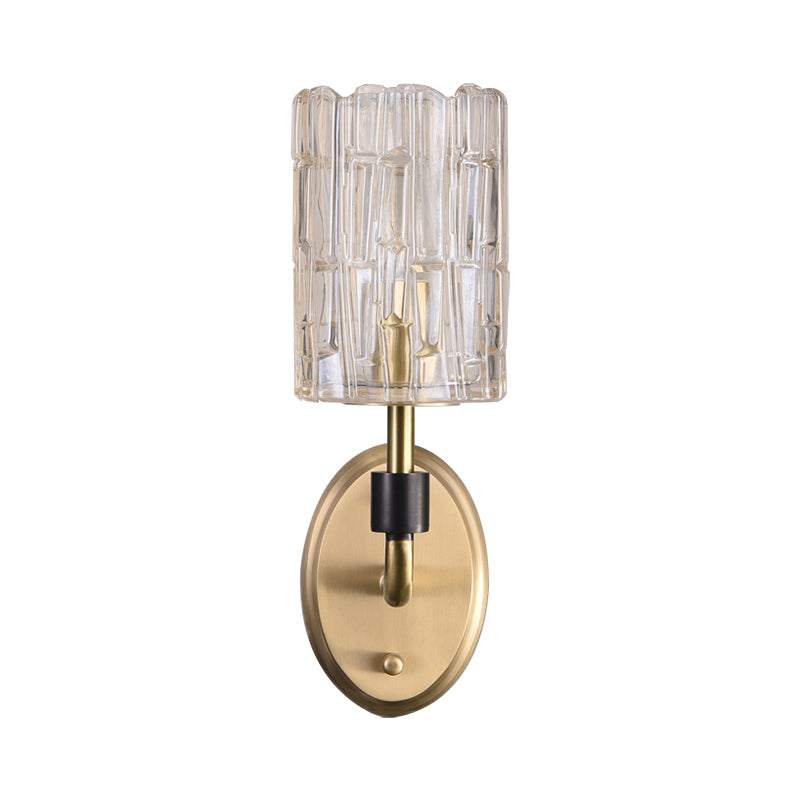 1/2-Head Bedside Wall Sconce Contemporary Style Brass Wall Lighting with Cylinder Clear Crystal Shade Clearhalo 'Cast Iron' 'Glass' 'Industrial' 'Modern wall lights' 'Modern' 'Tiffany' 'Traditional wall lights' 'Wall Lamps & Sconces' 'Wall Lights' Lighting' 222870