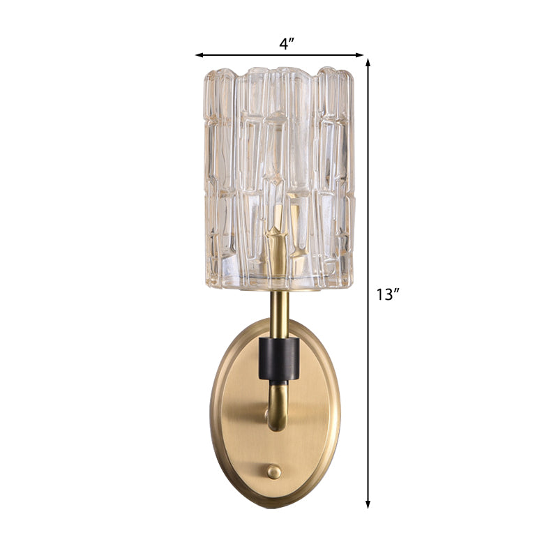 1/2-Head Bedside Wall Sconce Contemporary Style Brass Wall Lighting with Cylinder Clear Crystal Shade Clearhalo 'Cast Iron' 'Glass' 'Industrial' 'Modern wall lights' 'Modern' 'Tiffany' 'Traditional wall lights' 'Wall Lamps & Sconces' 'Wall Lights' Lighting' 222871