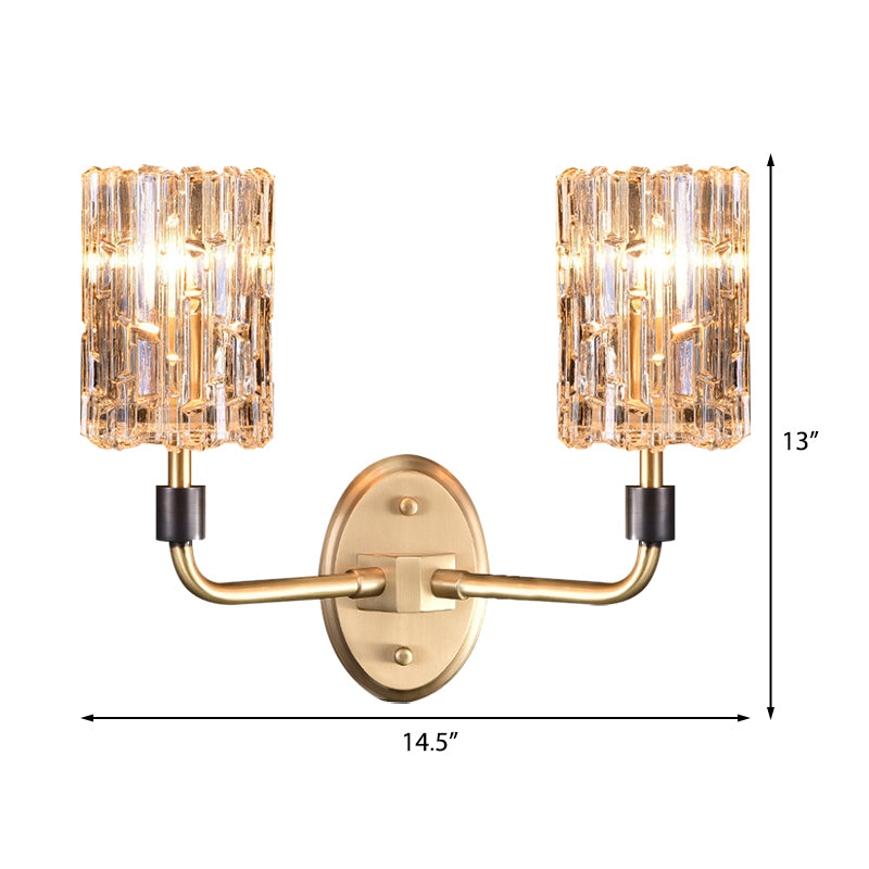 1/2-Head Bedside Wall Sconce Contemporary Style Brass Wall Lighting with Cylinder Clear Crystal Shade Clearhalo 'Cast Iron' 'Glass' 'Industrial' 'Modern wall lights' 'Modern' 'Tiffany' 'Traditional wall lights' 'Wall Lamps & Sconces' 'Wall Lights' Lighting' 222876