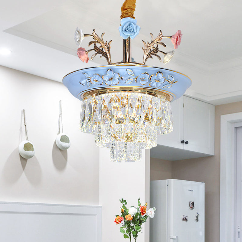 3-Tier Pendant Chandelier Modernism Crystal White/Blue LED Hanging Ceiling Light with Metal Flowers, 12"/14" Wide Blue Clearhalo 'Ceiling Lights' 'Chandeliers' 'Modern Chandeliers' 'Modern' Lighting' 222887