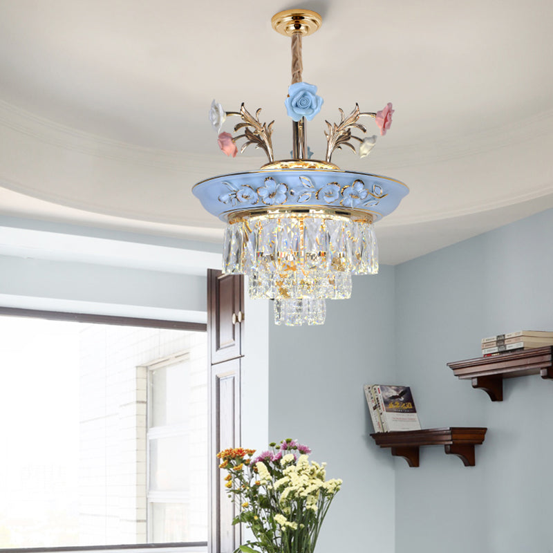 3-Tier Pendant Chandelier Modernism Crystal White/Blue LED Hanging Ceiling Light with Metal Flowers, 12"/14" Wide Clearhalo 'Ceiling Lights' 'Chandeliers' 'Modern Chandeliers' 'Modern' Lighting' 222888