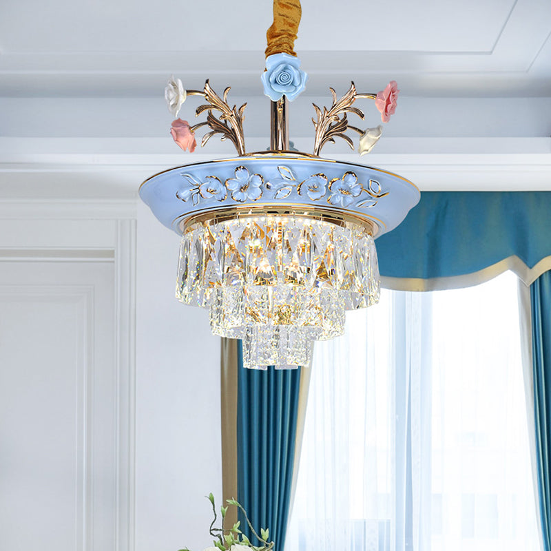 3-Tier Pendant Chandelier Modernism Crystal White/Blue LED Hanging Ceiling Light with Metal Flowers, 12"/14" Wide Clearhalo 'Ceiling Lights' 'Chandeliers' 'Modern Chandeliers' 'Modern' Lighting' 222889