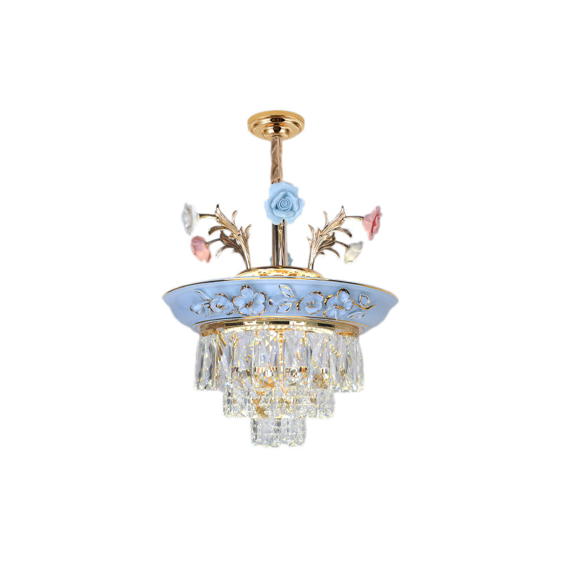 3-Tier Pendant Chandelier Modernism Crystal White/Blue LED Hanging Ceiling Light with Metal Flowers, 12"/14" Wide Clearhalo 'Ceiling Lights' 'Chandeliers' 'Modern Chandeliers' 'Modern' Lighting' 222891