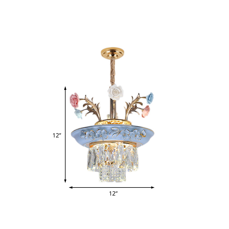 3-Tier Pendant Chandelier Modernism Crystal White/Blue LED Hanging Ceiling Light with Metal Flowers, 12"/14" Wide Clearhalo 'Ceiling Lights' 'Chandeliers' 'Modern Chandeliers' 'Modern' Lighting' 222892