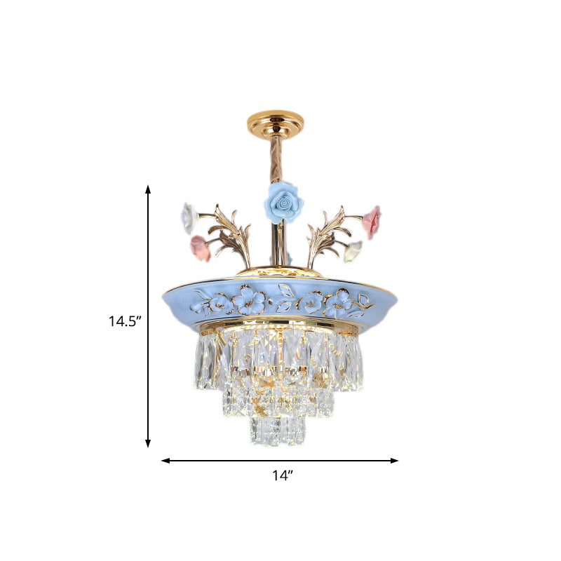 3-Tier Pendant Chandelier Modernism Crystal White/Blue LED Hanging Ceiling Light with Metal Flowers, 12"/14" Wide Clearhalo 'Ceiling Lights' 'Chandeliers' 'Modern Chandeliers' 'Modern' Lighting' 222893