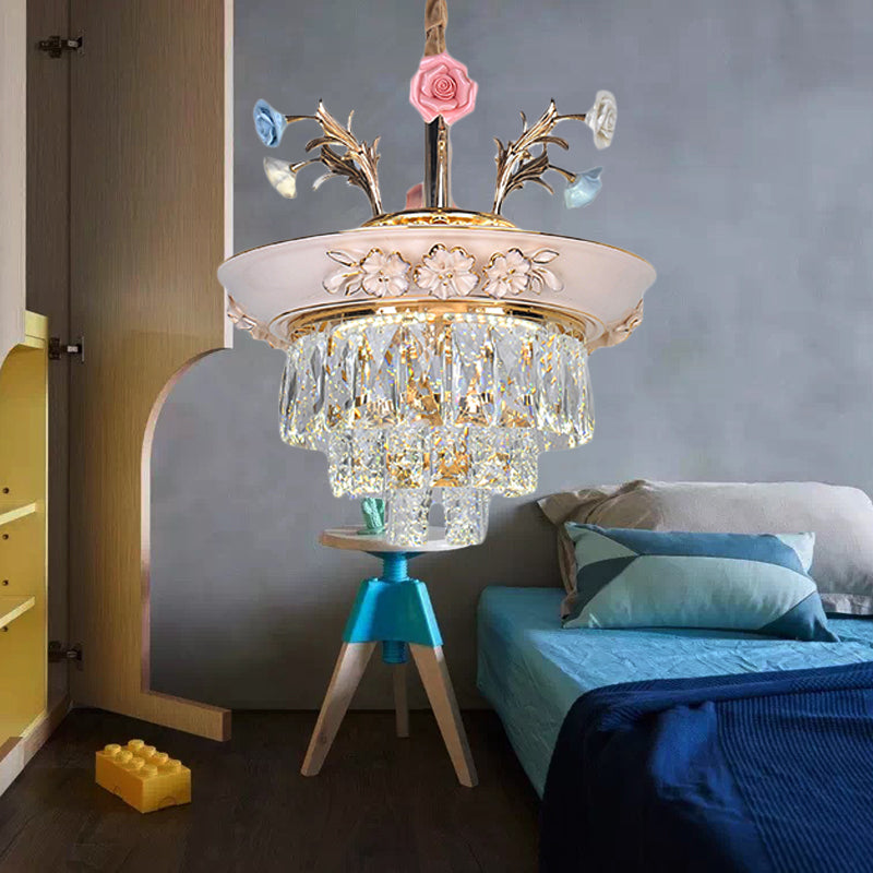 3-Tier Pendant Chandelier Modernism Crystal White/Blue LED Hanging Ceiling Light with Metal Flowers, 12"/14" Wide Clearhalo 'Ceiling Lights' 'Chandeliers' 'Modern Chandeliers' 'Modern' Lighting' 222898