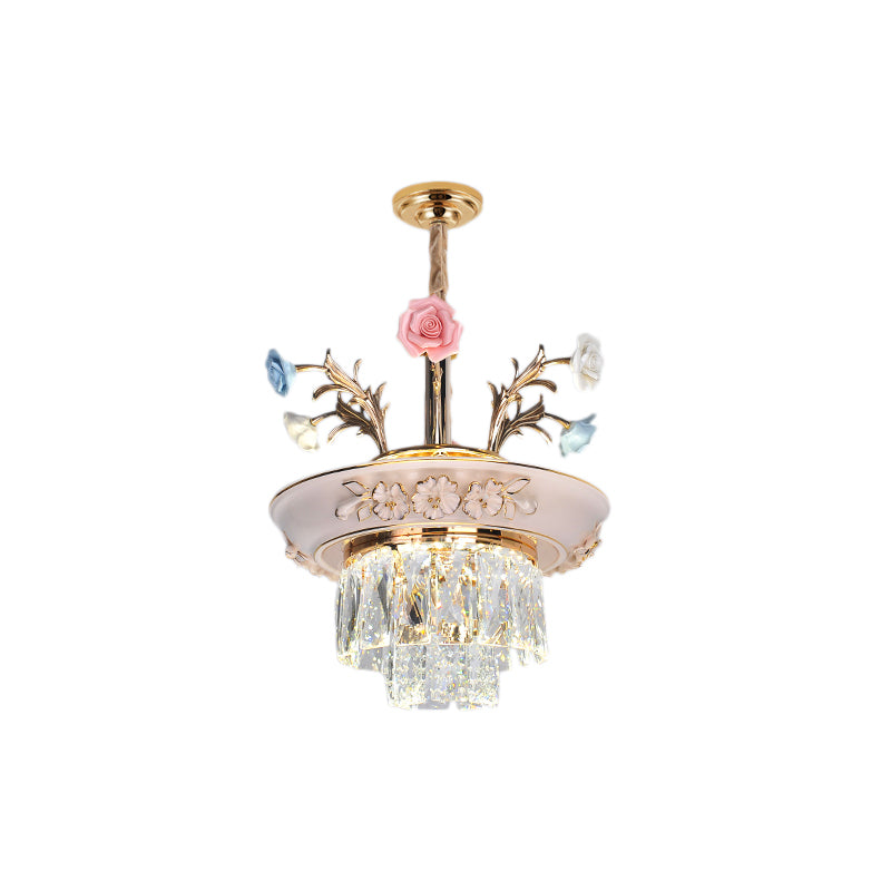 3-Tier Pendant Chandelier Modernism Crystal White/Blue LED Hanging Ceiling Light with Metal Flowers, 12"/14" Wide Clearhalo 'Ceiling Lights' 'Chandeliers' 'Modern Chandeliers' 'Modern' Lighting' 222899