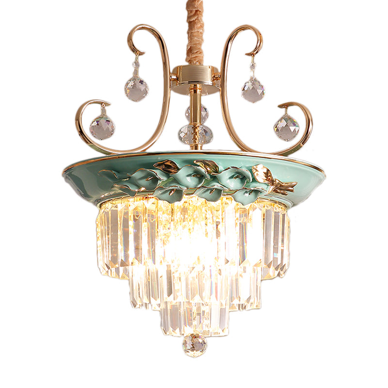 Green Tiered Hanging Chandelier Retro Crystal 3 Heads Pendant Light Fixture for Living Room Clearhalo 'Ceiling Lights' 'Chandeliers' 'Modern Chandeliers' 'Modern' Lighting' 222934