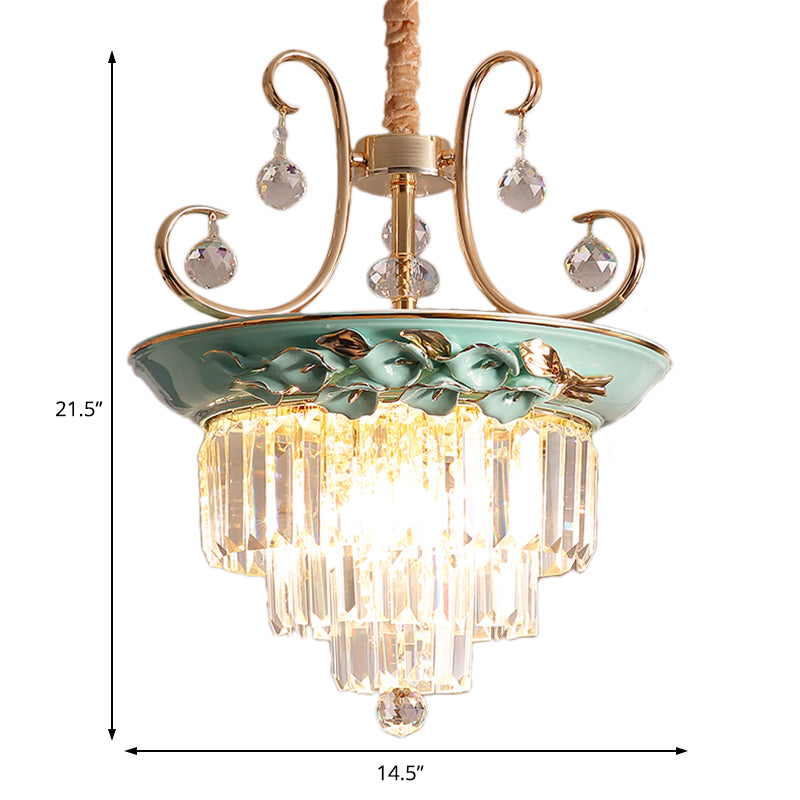 Green Tiered Hanging Chandelier Retro Crystal 3 Heads Pendant Light Fixture for Living Room Clearhalo 'Ceiling Lights' 'Chandeliers' 'Modern Chandeliers' 'Modern' Lighting' 222935