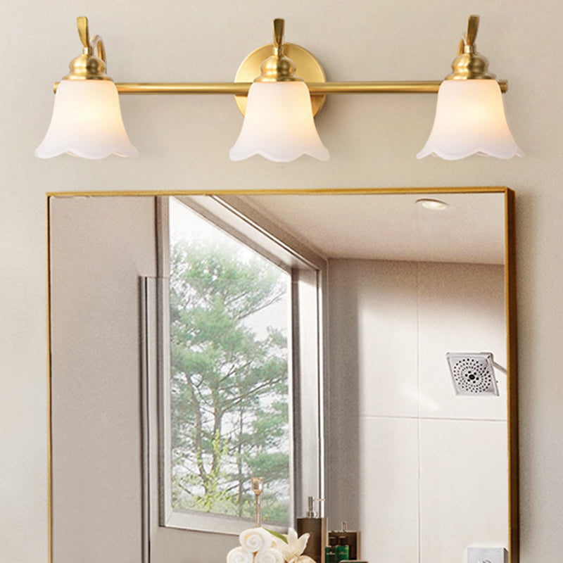 Traditional Flared Sconce 2/3 Lights White Glass Wall Mounted Vanity Light in Gold for Bathroom Clearhalo 'Vanity Lights' 'Wall Lights' Lighting' 222946