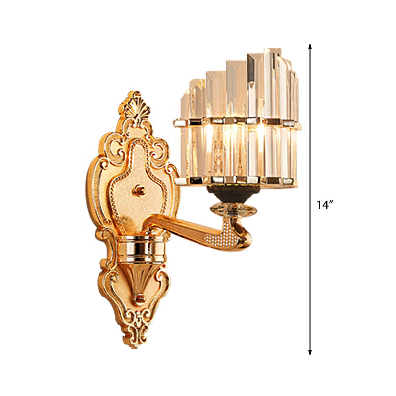 Clear Crystal Block Wall Light Modern Style 1/2-Light Sconce Lamp with Carved Backplate in Brass Clearhalo 'Modern wall lights' 'Modern' 'Wall Lamps & Sconces' 'Wall Lights' Lighting' 222962