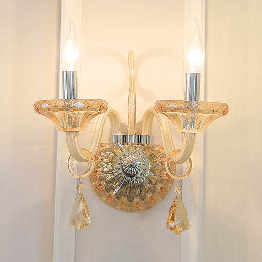 Bare Bulb Wall Sconce Vintage Stylish Amber Crystal 2 Heads Chrome Finish Wall Lighting for Corridor Chrome Clearhalo 'Modern wall lights' 'Modern' 'Wall Lamps & Sconces' 'Wall Lights' Lighting' 223013