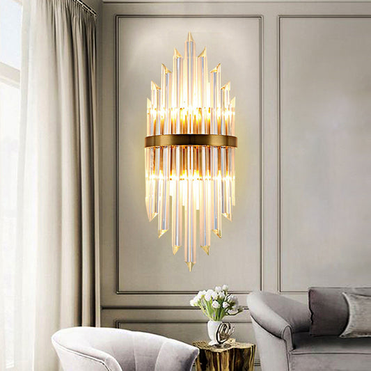 Clear Crystal Prism Wall Mount Lighting Modern LED Sconce Light Fixture with Metal Backplate in Brass Brass Clearhalo 'Art deco wall lights' 'Industrial wall lights' 'Industrial' 'Middle century wall lights' 'Tiffany' 'Wall Lamps & Sconces' 'Wall Lights' Lighting' 223033