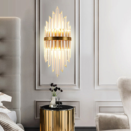 Clear Crystal Prism Wall Mount Lighting Modern LED Sconce Light Fixture with Metal Backplate in Brass Clearhalo 'Art deco wall lights' 'Industrial wall lights' 'Industrial' 'Middle century wall lights' 'Tiffany' 'Wall Lamps & Sconces' 'Wall Lights' Lighting' 223034