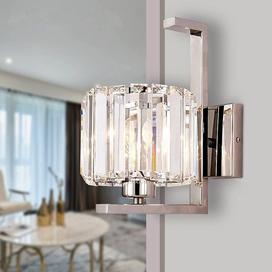 Clear Crystal Drum Wall Mount Lamp Minimalism Style 1 Light Wall Lighting with Metal Backplate in Chrome Chrome Clearhalo 'Modern wall lights' 'Modern' 'Wall Lamps & Sconces' 'Wall Lights' Lighting' 223071