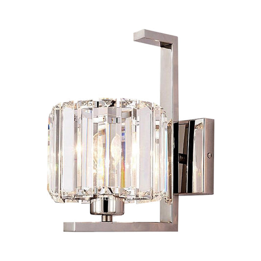 Clear Crystal Drum Wall Mount Lamp Minimalism Style 1 Light Wall Lighting with Metal Backplate in Chrome Clearhalo 'Modern wall lights' 'Modern' 'Wall Lamps & Sconces' 'Wall Lights' Lighting' 223073