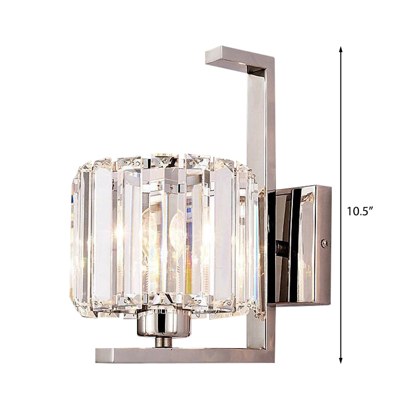 Clear Crystal Drum Wall Mount Lamp Minimalism Style 1 Light Wall Lighting with Metal Backplate in Chrome Clearhalo 'Modern wall lights' 'Modern' 'Wall Lamps & Sconces' 'Wall Lights' Lighting' 223074