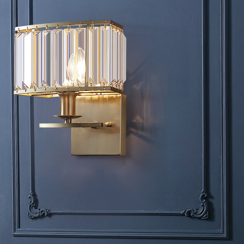 Clear Crystal Rectangular Sconce Lighting Fixture Vintage 1 Head Wall Lamp with Metallic Backplate in Brass Brass Clearhalo 'Cast Iron' 'Glass' 'Industrial' 'Modern wall lights' 'Modern' 'Tiffany' 'Traditional wall lights' 'Wall Lamps & Sconces' 'Wall Lights' Lighting' 223076