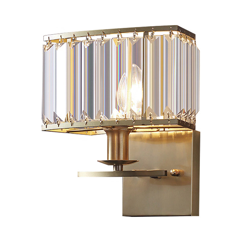 Clear Crystal Rectangular Sconce Lighting Fixture Vintage 1 Head Wall Lamp with Metallic Backplate in Brass Clearhalo 'Cast Iron' 'Glass' 'Industrial' 'Modern wall lights' 'Modern' 'Tiffany' 'Traditional wall lights' 'Wall Lamps & Sconces' 'Wall Lights' Lighting' 223078