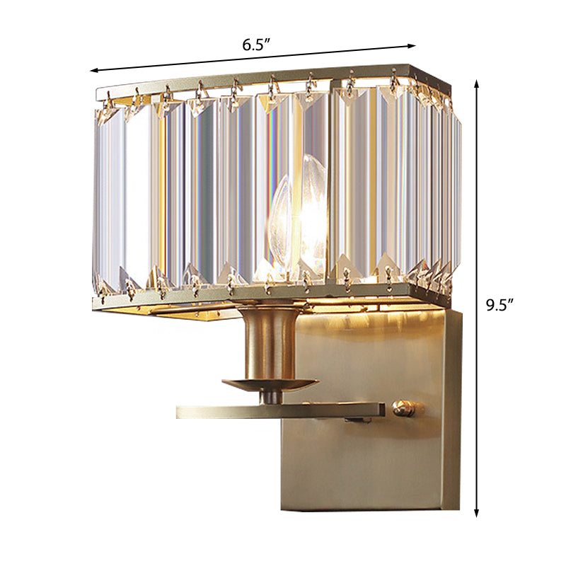 Clear Crystal Rectangular Sconce Lighting Fixture Vintage 1 Head Wall Lamp with Metallic Backplate in Brass Clearhalo 'Cast Iron' 'Glass' 'Industrial' 'Modern wall lights' 'Modern' 'Tiffany' 'Traditional wall lights' 'Wall Lamps & Sconces' 'Wall Lights' Lighting' 223079