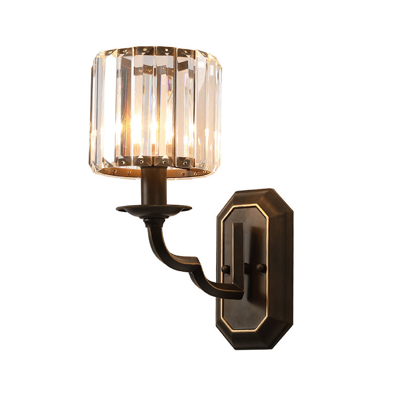 Cylindrical Wall Lighting Fixture Vintage Metallic 1 Head Black Wall Mount Lamp with Clear Faceted Crystal Clearhalo 'Modern wall lights' 'Modern' 'Wall Lamps & Sconces' 'Wall Lights' Lighting' 223106