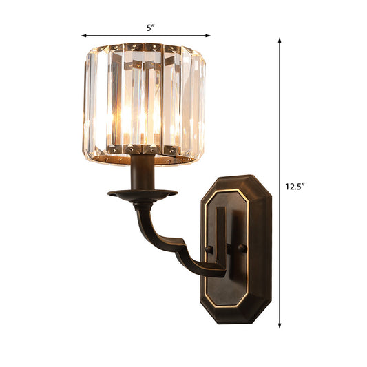 Cylindrical Wall Lighting Fixture Vintage Metallic 1 Head Black Wall Mount Lamp with Clear Faceted Crystal Clearhalo 'Modern wall lights' 'Modern' 'Wall Lamps & Sconces' 'Wall Lights' Lighting' 223107