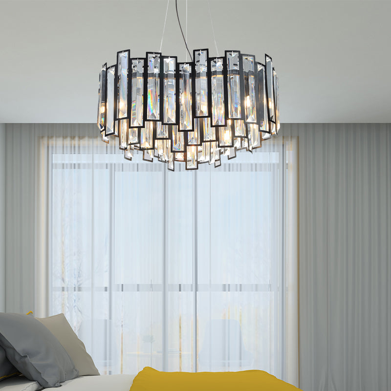 Modern Geometric Chandelier Light Kit Crystal Block with Black Metal Frame 12 Lights Bedroom Ceiling Light Black Clearhalo 'Ceiling Lights' 'Chandeliers' 'Modern Chandeliers' 'Modern' Lighting' 223148