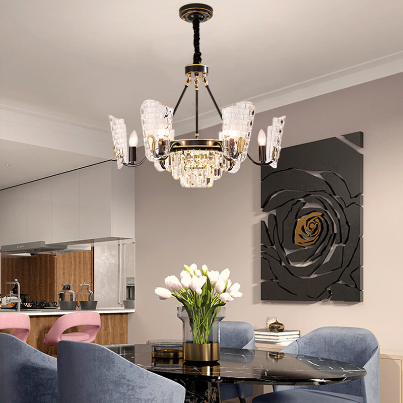 Carved Crystal Shield Shape Ceiling Chandelier Modern 4/6/8 Lights Black Hanging Light Kit Clearhalo 'Ceiling Lights' 'Chandeliers' 'Modern Chandeliers' 'Modern' Lighting' 223174