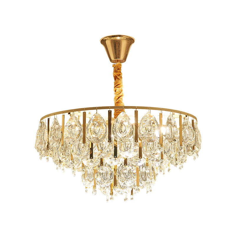 Round Teardrop Crystal Hanging Light Kit Contemporary 3/4 Lights Gold Chandelier Light, 16"/19.5" Wide Clearhalo 'Ceiling Lights' 'Chandeliers' 'Modern Chandeliers' 'Modern' Lighting' 223185