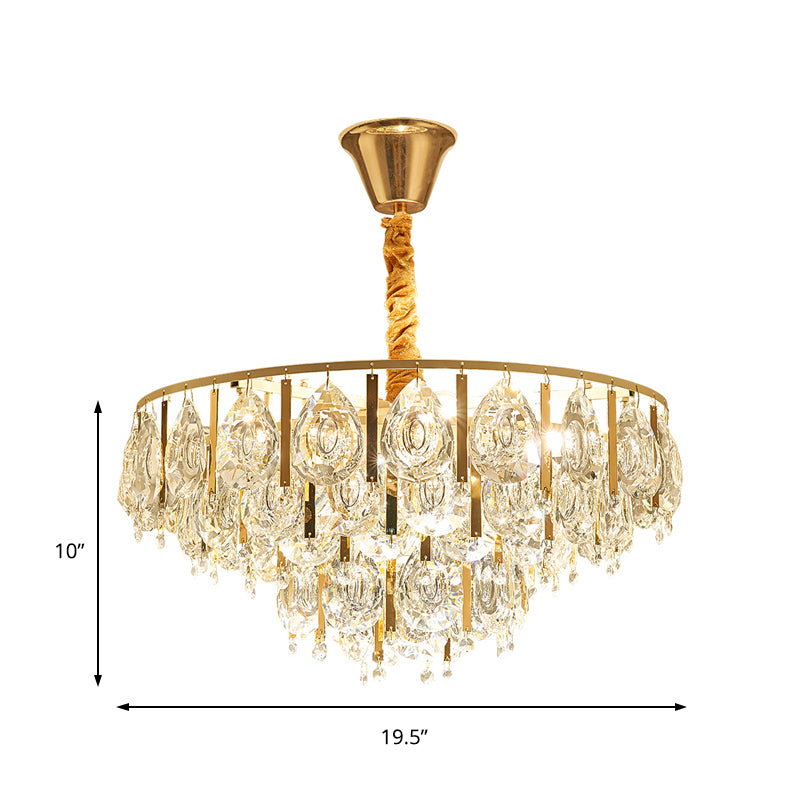 Round Teardrop Crystal Hanging Light Kit Contemporary 3/4 Lights Gold Chandelier Light, 16"/19.5" Wide Clearhalo 'Ceiling Lights' 'Chandeliers' 'Modern Chandeliers' 'Modern' Lighting' 223186