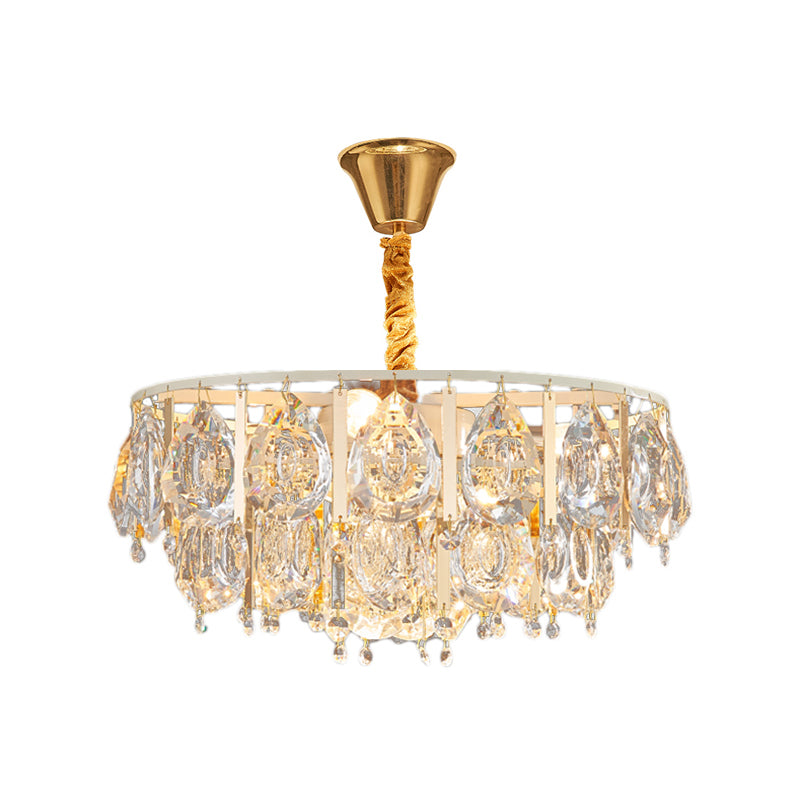 Round Teardrop Crystal Hanging Light Kit Contemporary 3/4 Lights Gold Chandelier Light, 16"/19.5" Wide Clearhalo 'Ceiling Lights' 'Chandeliers' 'Modern Chandeliers' 'Modern' Lighting' 223189