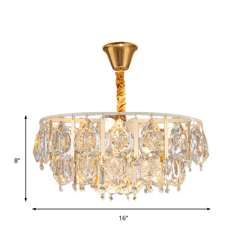 Round Teardrop Crystal Hanging Light Kit Contemporary 3/4 Lights Gold Chandelier Light, 16"/19.5" Wide Clearhalo 'Ceiling Lights' 'Chandeliers' 'Modern Chandeliers' 'Modern' Lighting' 223190