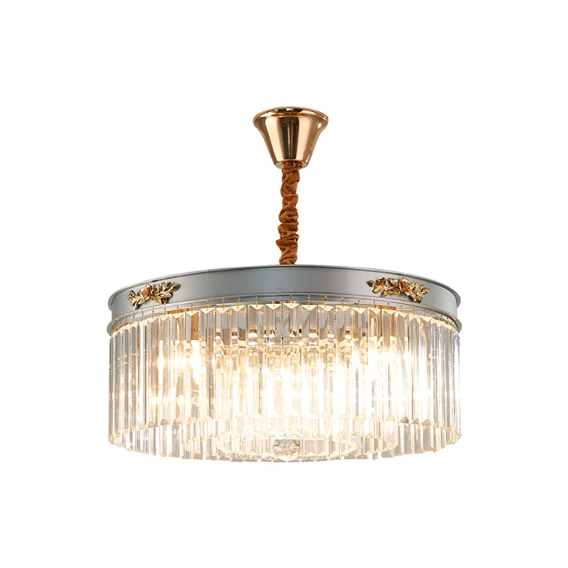 Modern Drum Chandelier Light Fixture Rectangular-Cut Crystal 3/4 Lights Dining Room Hanging Light, 16"/19.5" Wide Clearhalo 'Ceiling Lights' 'Chandeliers' 'Modern Chandeliers' 'Modern' Lighting' 223195