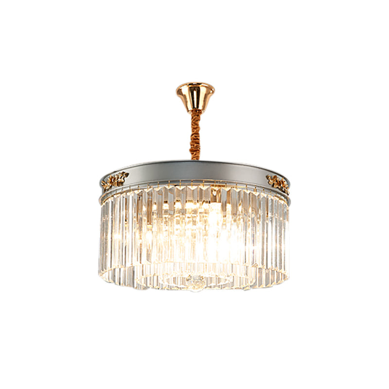 Modern Drum Chandelier Light Fixture Rectangular-Cut Crystal 3/4 Lights Dining Room Hanging Light, 16"/19.5" Wide Clearhalo 'Ceiling Lights' 'Chandeliers' 'Modern Chandeliers' 'Modern' Lighting' 223199