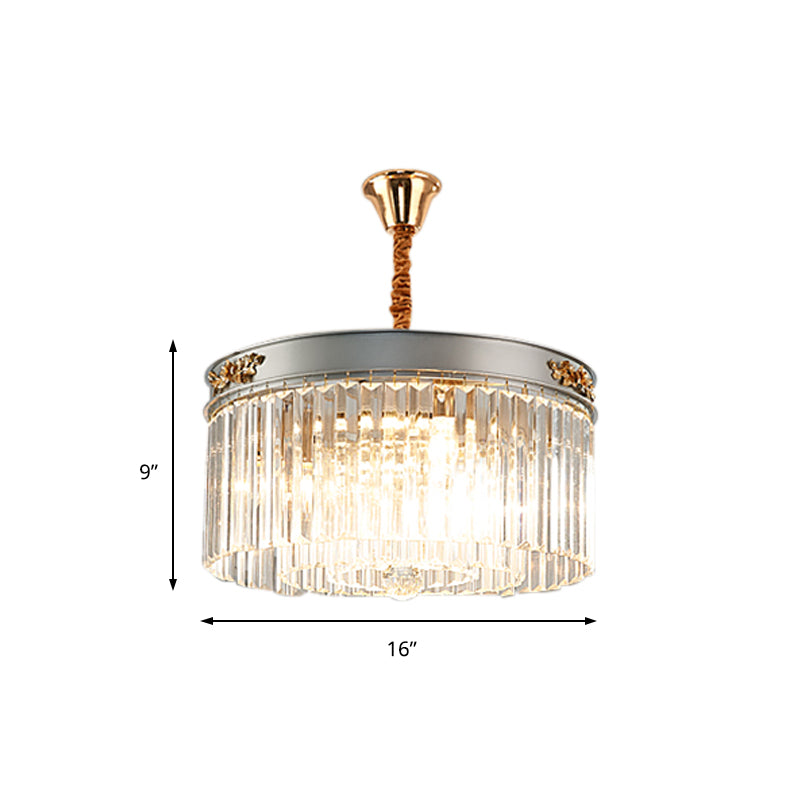 Modern Drum Chandelier Light Fixture Rectangular-Cut Crystal 3/4 Lights Dining Room Hanging Light, 16"/19.5" Wide Clearhalo 'Ceiling Lights' 'Chandeliers' 'Modern Chandeliers' 'Modern' Lighting' 223200