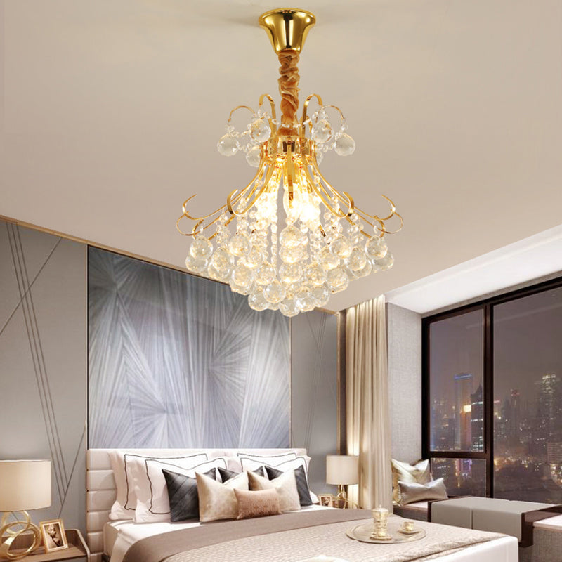 Flared Ceiling Light Modern Faceted Crystal Ball 3/4 Lights Gold Chandelier Light Fixture, 12"/16"/21.5" Wide Gold 21.5" Clearhalo 'Ceiling Lights' 'Chandeliers' 'Modern Chandeliers' 'Modern' Lighting' 223217