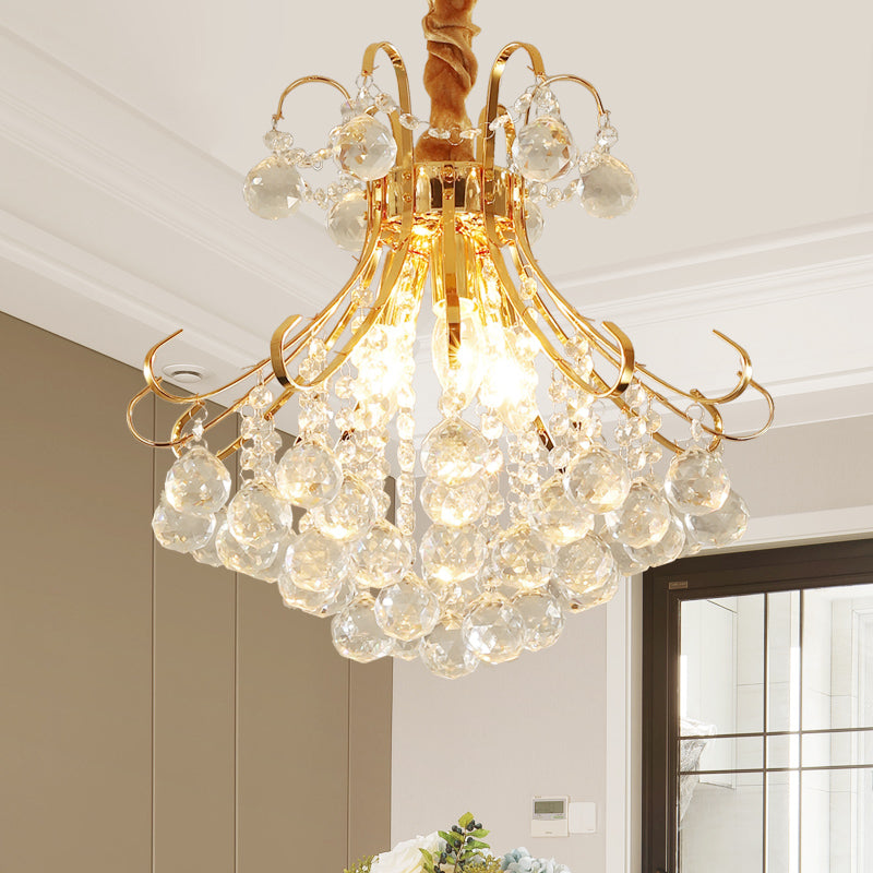 Flared Ceiling Light Modern Faceted Crystal Ball 3/4 Lights Gold Chandelier Light Fixture, 12"/16"/21.5" Wide Gold Clearhalo 'Ceiling Lights' 'Chandeliers' 'Modern Chandeliers' 'Modern' Lighting' 223219