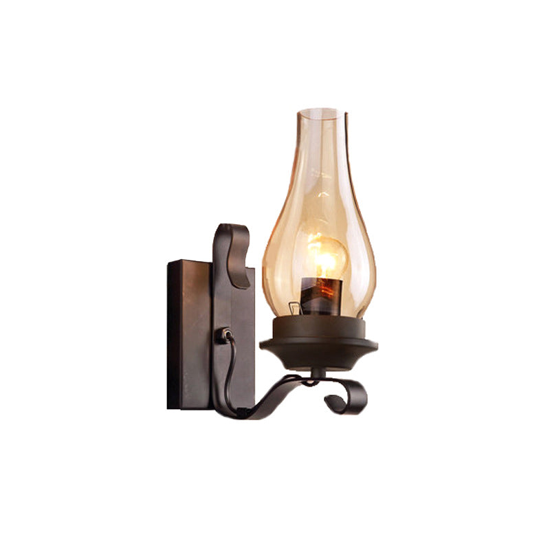 Single Light Amber Glass Wall Lamp Vintage Style Matte Black Kerosene Living Room Wall Sconce with Curved Arm Clearhalo 'Wall Lamps & Sconces' 'Wall Lights' Lighting' 223226